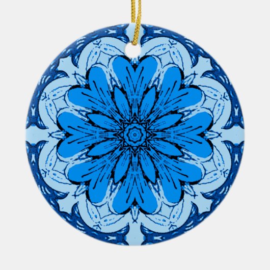 Geometrisches Muster der Blume in Cerulean & Light Keramik Ornament (Vorne)