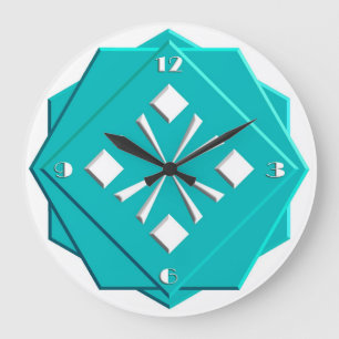 Geometrisches Muster des Kunst-Dekotürkisblaus Große Wanduhr