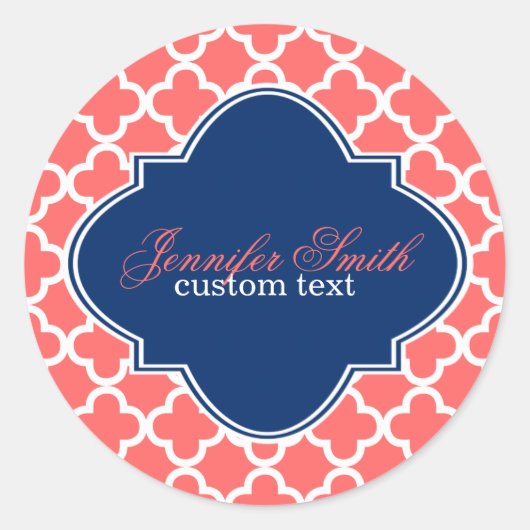 Geometrisches Muster für Korallen und Weißquatrefo Runder Aufkleber (Vorderseite)