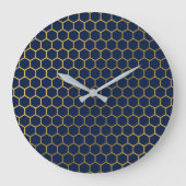 Geometrisches Muster für Navy Blue & Gold Hexagon Große Wanduhr (Vorderseite)