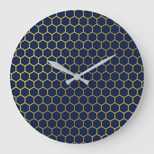 Geometrisches Muster für Navy Blue & Gold Hexagon Große Wanduhr (Vorderseite)