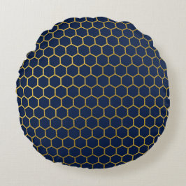 Geometrisches Muster für Navy Blue & Gold Hexagon Rundes Kissen