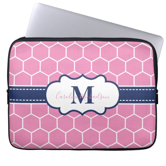 Geometrisches Muster für rosa und navy Monogram Laptopschutzhülle (Vorderseite)