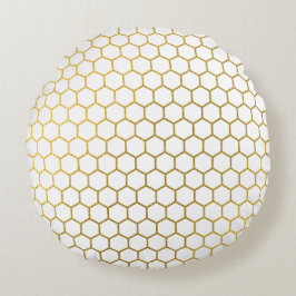 Geometrisches Muster für Weiß und Gold Hexagon Rundes Kissen