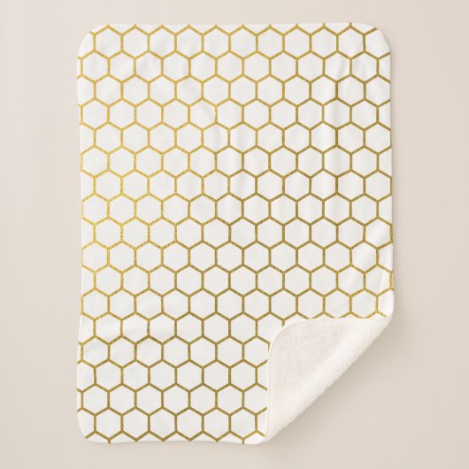 Geometrisches Muster für Weiß und Gold Hexagon Sherpadecke (Vorderseite)