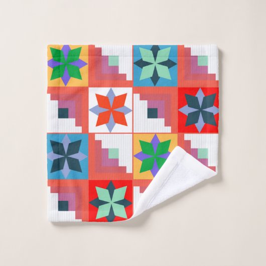 Geometrisches Muster, mehrfarbiges Patchwork Badhandtuch Set (Waschlappen)