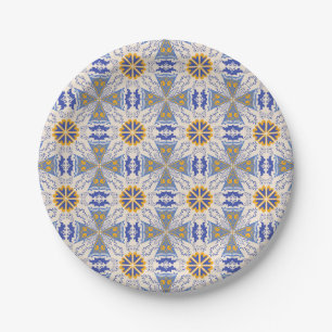 geometrisches Muster mit Blau, Gelb und Weiß Pappteller