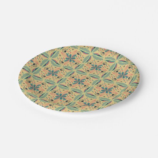 geometrisches Muster mit blauen und grünen florale Pappteller (Schrägansicht)