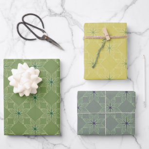 Geometrisches Muster Salbei, Senf und Grau Geschenkpapier Set