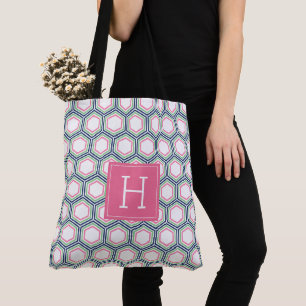 Geometrisches Muster und Monogramm mit blauem Grü Tasche
