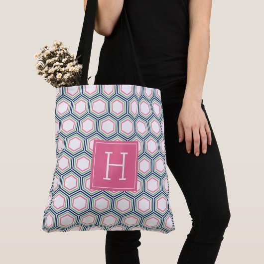 Geometrisches Muster und Monogramm mit blauem Grün Tasche (Von Nahem)