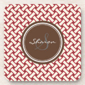 Geometrisches Mustermonogramm des schicken roten Getränkeuntersetzer (Vorderseite)