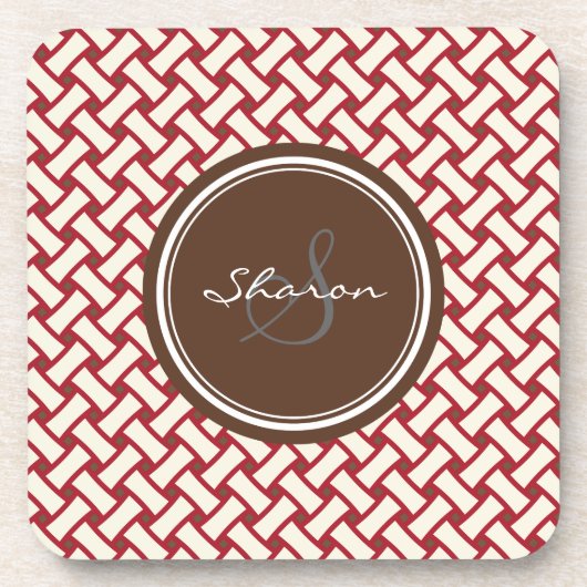 Geometrisches Mustermonogramm des schicken roten Getränkeuntersetzer (Vorderseite)