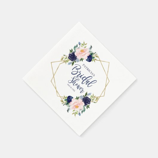 Geometrisches Navy Blue Gold Floral Brautparty Serviette (Ecke)