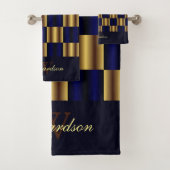 Geometrisches niedliches Gold- und Royal-Blue-Quad Badhandtuch Set (Insitu)