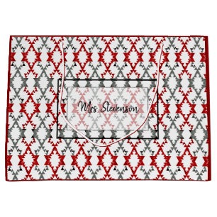 Geometrisches Ornament in Rot und Grau auf Weiß. Große Geschenktüte