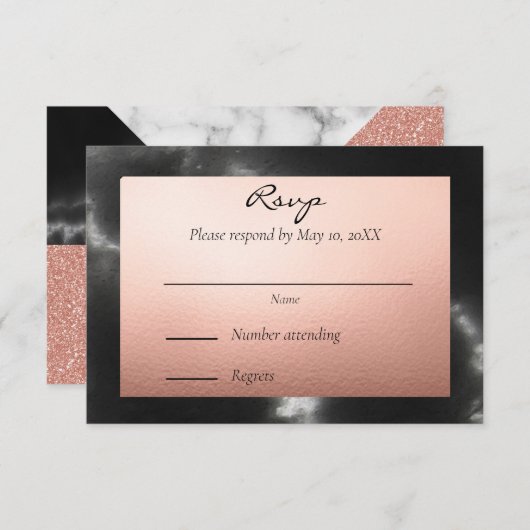 Geometrisches Peach Gold und Black Marble RSVP Karte (Vorne/Hinten)