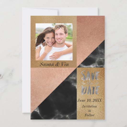 Geometrisches Peach Gold und Black Marble Save The Date (Vorderseite)