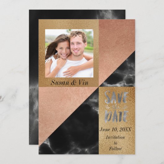 Geometrisches Peach Gold und Black Marble Save The Date (Vorne/Hinten)