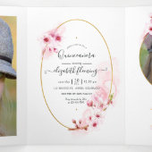 Geometrisches Pink Cherry Blossom Quinceañera Foto Dreifach Gefaltete Karte (Innenseite Mitte)