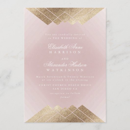 Geometrisches Pink Gold Gatsby Calligrafy Wedding Einladung (Vorderseite)