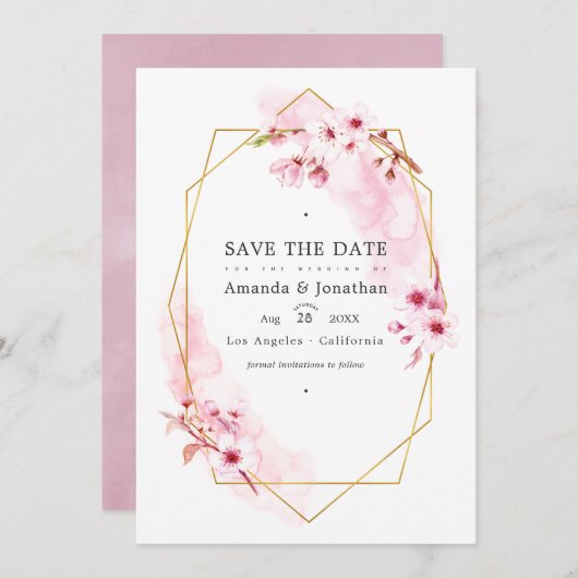 Geometrisches Pink Spring Cherry Blossom Wedding F Save The Date (Vorne/Hinten)