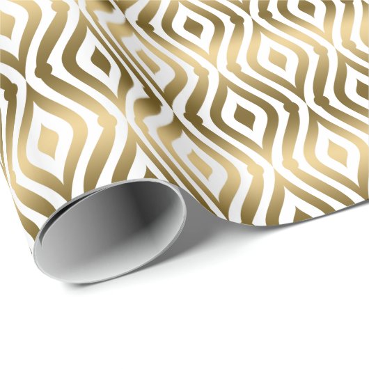 Geometrisches Quatrefolienmuster aus Weiß und Gold Geschenkpapier (Rolleneckpunkt)