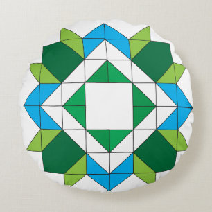 Geometrisches Quilt-Star-Mosaikmuster Blau Grün Ro Rundes Kissen