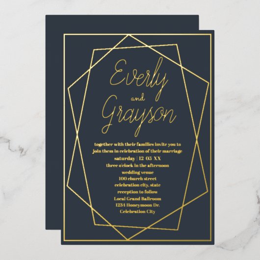 Geometrisches Rahmen Blue Opulence & Gold Wedding Folieneinladung (Vorderseite/Rückseite)