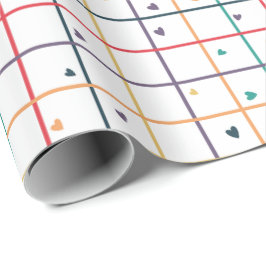 Geometrisches Rastermuster mit verstreuten Herzen Geschenkpapier