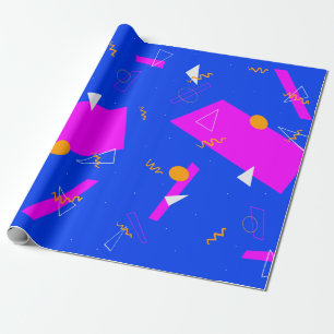 Geometrisches Retro 80er 90er Blau und Neon Geschenkpapier