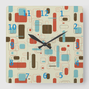 Geometrisches Retro-Midcentury-Modern Quadratische Wanduhr