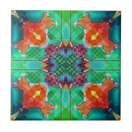 Geometrisches Retro Psychedelic Kaleidoskop-Tile Fliese (Vorderseite)