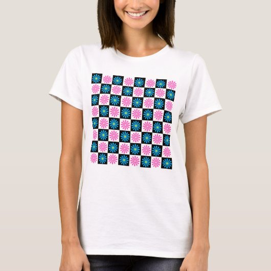 Geometrisches rosa blaues Blumenmuster T-Shirt (Vorderseite)