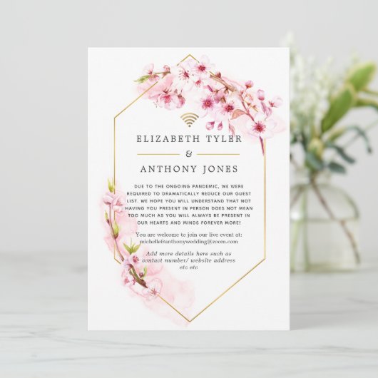 Geometrisches rosa Blossom Virtual Wedding Ankündigung (Stehend Vorderseite)