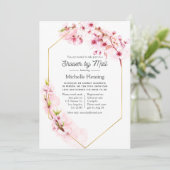 Geometrisches rosa Blumenfeder-Brautparty nach Mai Einladung (Stehend Vorderseite)