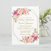 Geometrisches Rosa Blush Bloral Gold Hochzeit Einladung (Stehend Vorderseite)