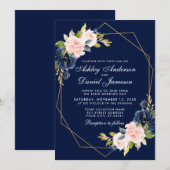 Geometrisches Rosa Blush Blue Floral Gold Hochzeit Einladung (Vorne/Hinten)