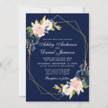 Geometrisches Rosa Blush Blue Floral Gold Hochzeit