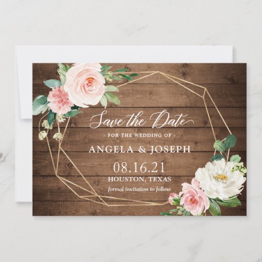 Geometrisches Rosa-Flora-Hochzeit aus rustikalem H Save The Date (Vorderseite)