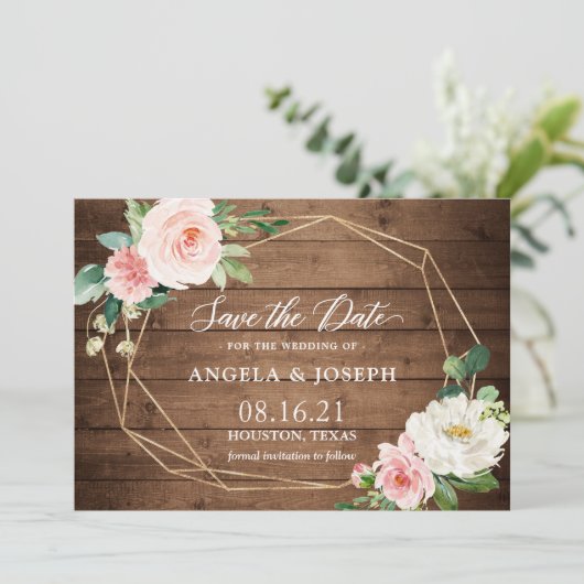 Geometrisches Rosa-Flora-Hochzeit aus rustikalem H Save The Date (Stehend Vorderseite)