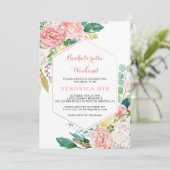 Geometrisches rosa Frühlingsfloral Bachelorette Wo Einladung (Stehend Vorderseite)