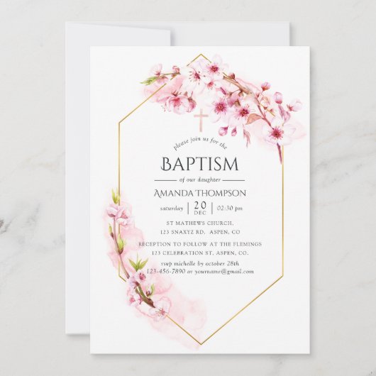 Geometrisches rosa Frühlingsherr Blossom Taufe Einladung (Vorderseite)