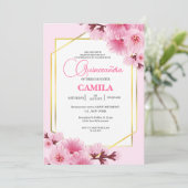 Geometrisches rosa Goldkirsche Blossom Quinceañera Einladung (Stehend Vorderseite)