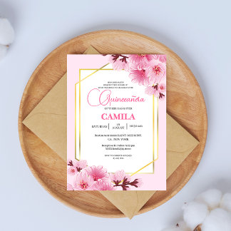 Geometrisches rosa Goldkirsche Blossom Quinceañera Einladung