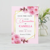 Geometrisches rosa Goldkirsche Blossom Quinceañera Save The Date (Stehend Vorderseite)