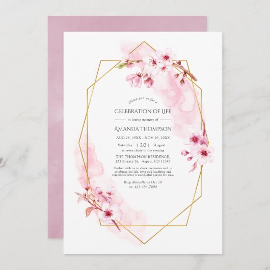 Geometrisches rosa Kirschblossom Feier des Lebens Einladung (Vorne/Hinten)