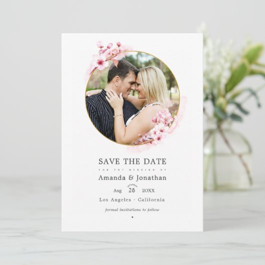 Geometrisches rosa Kirschblossom Frühjahr Hochzeit Save The Date (Stehend Vorderseite)