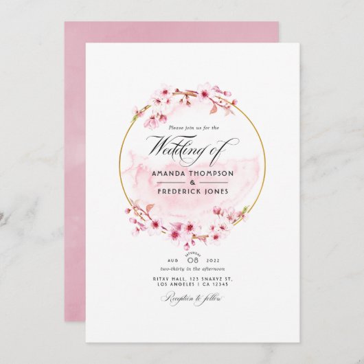 Geometrisches rosa Kirschblossom QR Code UAWG Wedd Einladung (Vorne/Hinten)