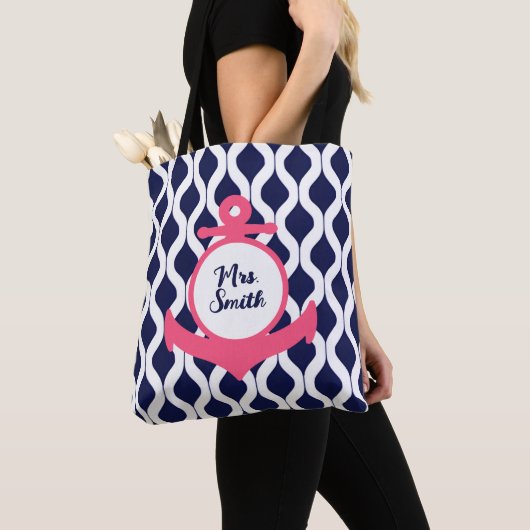 Geometrisches Rosa, Navy Blue Nautical Anchor Lehr Tasche (Von Nahem)